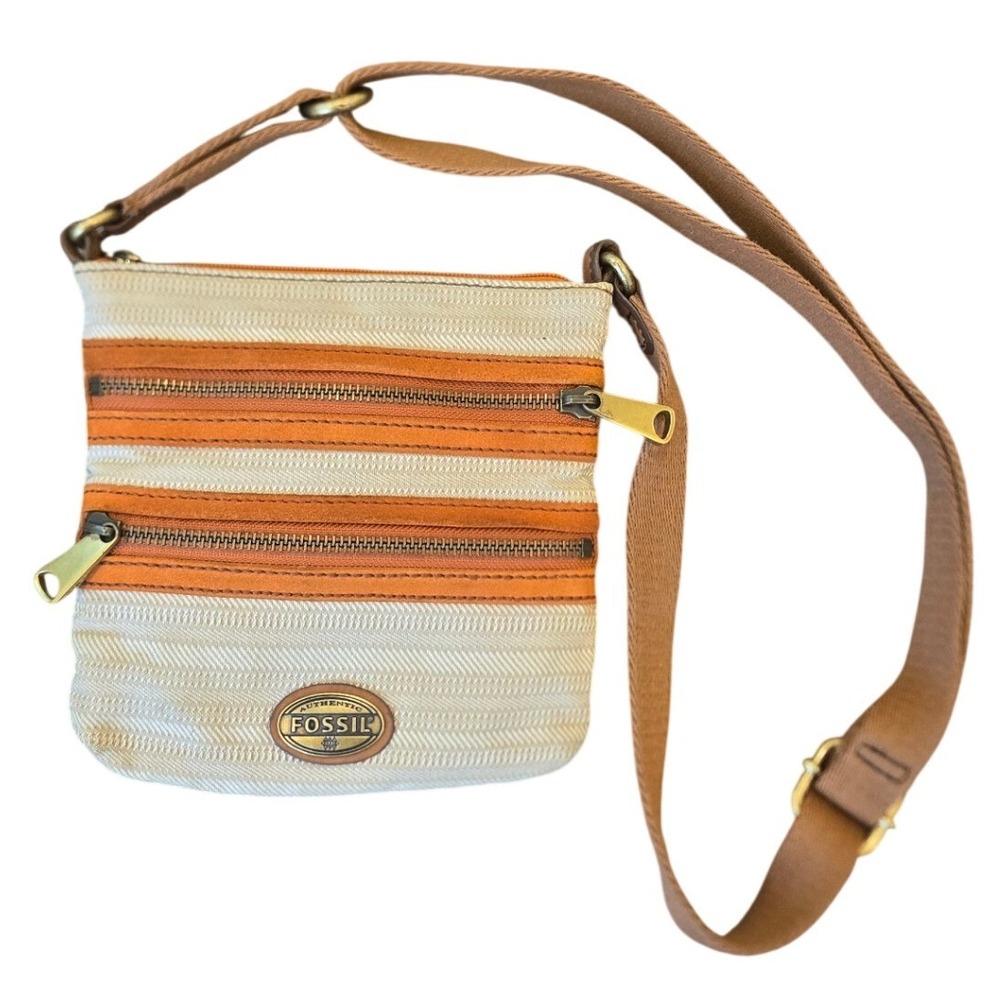 Vintage Fossil Explorer Crossbody Bag Canvas Triple‎ Zipper Beige Burnt Orange